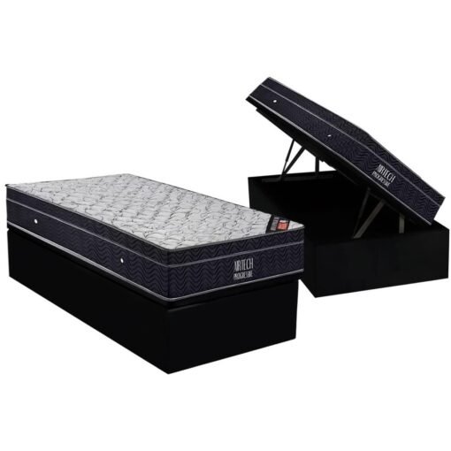 Colchão Solteiro Airtech Progressive D26 + Base Box Baú Corino Preto – ORTOBOM + ALTO NÍVEL CAMAS E COLCHÕES
