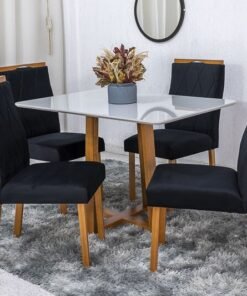 Mesa de Jantar Pedro Mel Vidro Off 120×80 4 Cadeiras Lisboa Veludo Preto 504 Madeira Maciça Art Assento - Entregue Montada