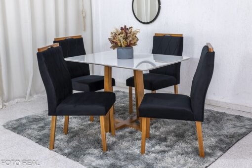 Mesa de Jantar Pedro Mel Vidro Off 120×80 4 Cadeiras Lisboa Veludo Preto 504 Madeira Maciça Art Assento - Entregue Montada
