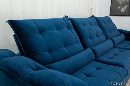 Sofá Retrátil Reclinável Emanuelly Veludo Azul 03 Larg. 3.20m  - D28 Soft - Imagem 7