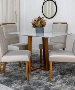 Mesa de Jantar Pedro Mel Vidro Off 120×80 4 Cadeiras Lisboa Veludo Bege 512 Madeira Maciça Art Assento - Entregue Montada