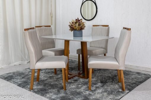 Mesa de Jantar Pedro Mel Vidro Off 120×80 4 Cadeiras Lisboa Veludo Bege 512 Madeira Maciça Art Assento - Entregue Montada