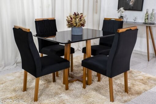Mesa de Jantar Pedro Mel Vidro Preto 120×80 4 Cadeiras Lisboa Veludo Preto 504 Madeira Maciça Art Assento - Entregue Montada - Imagem 2