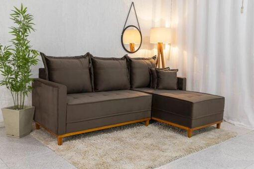 Sofá 3 Lug. Milão C/Chaise Lado Esquerdo Veludo Marrom 815 Larg. 2.30m - Molas Ensacadas