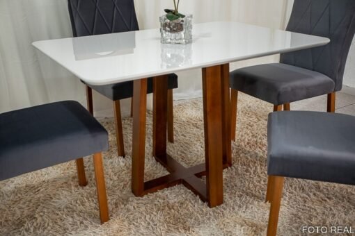 Mesa de Jantar Pedro Mel Vidro Off 120×80 4 Cadeiras Lisboa Veludo Cinza 507 Madeira Maciça Art Assento - Entregue Montada - Imagem 3