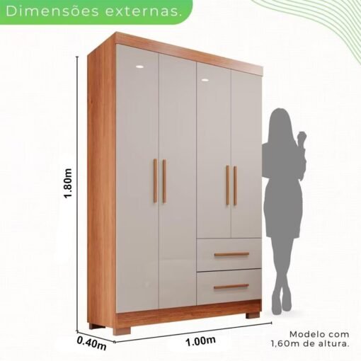 Guarda-Roupa Solteiro 4 portas Estrela Larg. 1.00m Cinamomo/Off White Com Pés Sallêto - Imagem 3