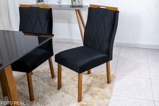Mesa de Jantar Pedro Mel Vidro Preto 120×80 4 Cadeiras Lisboa Veludo Preto 504 Madeira Maciça Art Assento - Entregue Montada - Imagem 4