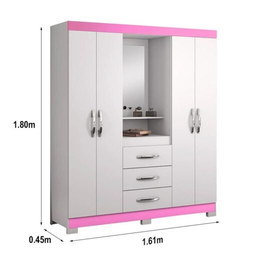 Guarda-Roupa Solteiro 4 portas NT 5015 Branco/Rosa Flex Com Pés Notável - Imagem 3