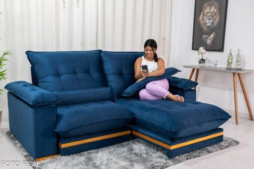 Sofá Retrátil Reclinável Ibis Veludo Azul 800 Larg. 2.30m - D33 e Molas Ensacadas - Imagem 2
