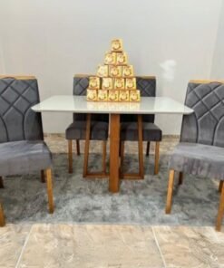 Mesa Pedro 120 Mel/Off White com 4 Cadeiras Stella Veludo Grafite – ART ASSENTOS + CLEFATOS DECOR