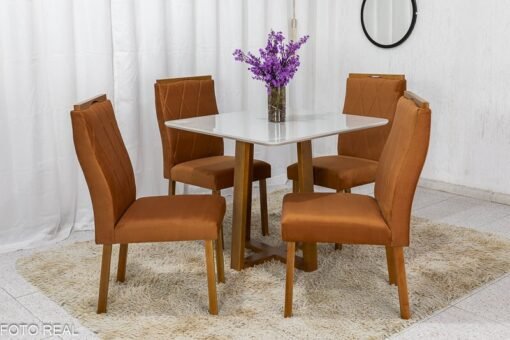Mesa de Jantar Pedro Mel Vidro Off 90×90 4 Cadeiras Lisboa Veludo Terracota 513 Madeira Maciça Art Assento - Entregue Montada
