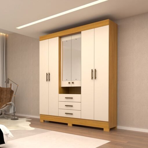 Roupeiro Débora Nature/Off 6 Portas C/ Espelho e Pés 100% MDF Larg. 1.78m - ACP