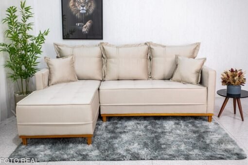 Sofá 3 Lug. Milão C/Chaise Lado Direito Veludo Bege 818 Larg. 2.30m - Molas Ensacadas - Imagem 2