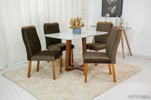 Mesa de Jantar Pedro Mel Vidro Off 120×80 4 Cadeiras Lisboa Veludo Marrom 509 Madeira Maciça Art Assento - Entregue Montada