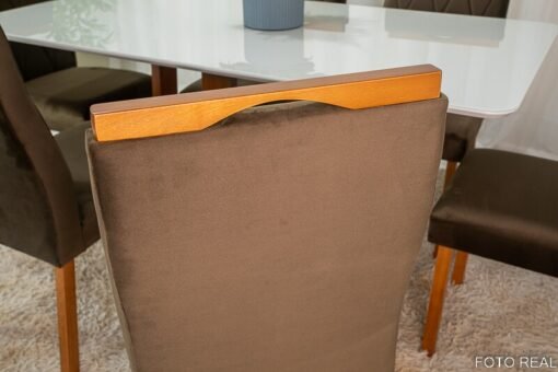 Mesa de Jantar Pedro Mel Vidro Off 160×80 6 Cadeiras Lisboa Veludo Marrom 509 Madeira Maciça Art Assento - Entregue Montada - Imagem 7
