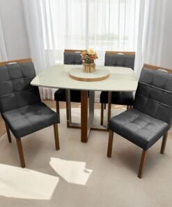 Mesa Atlas Mel/Off White Canto Barril 120×90 com 4 Cadeiras Sophia Mel/Veludo Cinza Grafite – ART ASSENTOS + WM DECOR