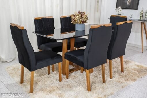 Mesa de Jantar Pedro Mel Vidro Preto 160×80 6 Cadeiras Lisboa Veludo Preto 504 Madeira Maciça Art Assento - Entregue Montada - Imagem 3