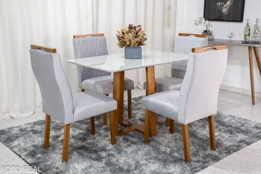 Mesa de Jantar Pedro Mel Vidro Off 120×80 4 Cadeiras Lisboa Veludo Prata 514 Madeira Maciça Art Assento - Entregue Montada - Imagem 3