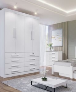 Roupeiro Solteiro Mônaco Branco 4 Portas 8 Gavetas Larg. 1.60m - D Doro