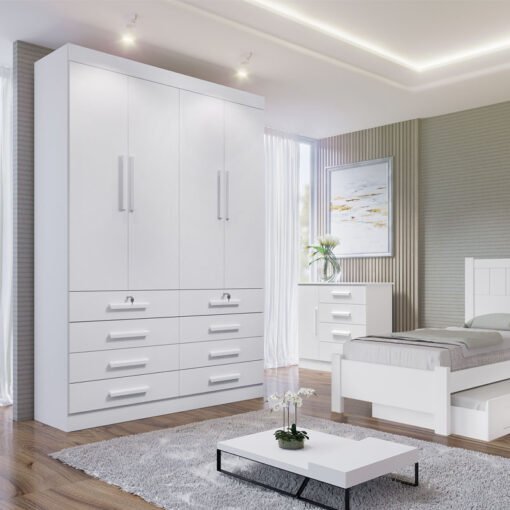 Roupeiro Solteiro Mônaco Branco 4 Portas 8 Gavetas Larg. 1.60m - D Doro