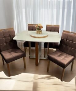 Mesa Atlas Mel/Off White Canto Barril 120×90 com 4 Cadeiras Sophia Mel/Veludo Marrom – ART ASSENTOS + WM DECOR