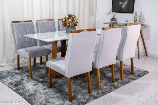 Mesa de Jantar Pedro Mel Vidro Off 160×80 6 Cadeiras Lisboa Veludo Prata 514 Madeira Maciça Art Assento - Entregue Montada - Imagem 2