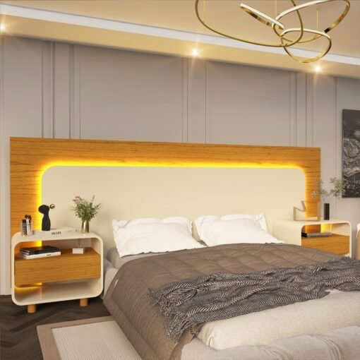 Cabeceira Innova com LED e Mesa de Cabeceira 140/160/195 - Naturale /Off White - Imagem 3
