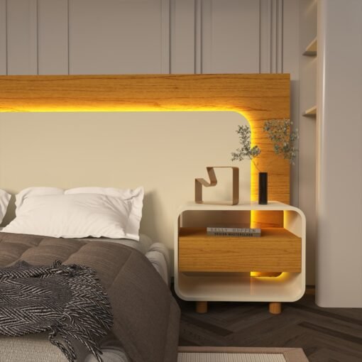 Cabeceira Innova com LED e Mesa de Cabeceira 140/160/195 - Naturale /Off White - Imagem 2