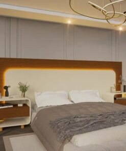 Cabeceira Innova com LED e Mesa de Cabeceira 140/160/195 - Castanho /Off White