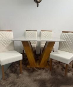 Mesa Classic 120 Cinamomo/Off White com 4 Cadeiras Helena Veludo Bege – CEL MÓVEIS + OURO DECOR