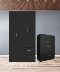 Guarda-Roupa 4 Portas Panamá 4002 + Cômoda 5 Gavetas Aruba Preto - FELLICCI