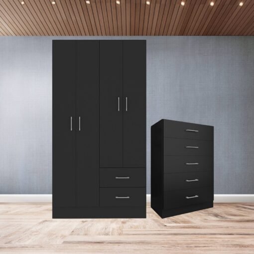 Guarda-Roupa 4 Portas Panamá 4002 + Cômoda 5 Gavetas Aruba Preto - FELLICCI
