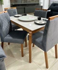 Mesa Egeu 120 Mel/Off White com 4 Helena Mel/Veludo Grafite – MADESALA + OURO DECOR