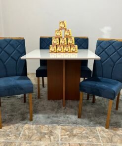 Mesa Los Angeles 120 Cinamono/Off White com 4 Cadeiras Stella Veludo Azul – MINASPLAC + CLEFATOS