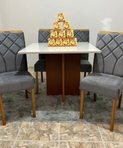 Mesa Los Angeles 120 Cinamono/Off White com 4 Cadeiras Stella Veludo Grafite – MINASPLAC + CLEFATOS