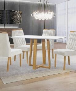 Mesa Pedro 120 Mel/Off White com 4 Cadeiras Gênova Veludo Marfim – ART ASSENTOS
