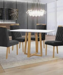 Mesa Pedro 120 Mel/Off White com 4 Cadeiras Gênova Veludo Preto – ART ASSENTOS
