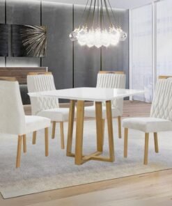 Mesa Pedro 90 Mel/Off White com 4 Cadeiras Gênova Veludo Marfim – ART ASSENTOS