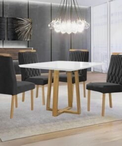 Mesa Pedro 90 Mel/Off White com 4 Cadeiras Gênova Veludo Preto – ART ASSENTOS