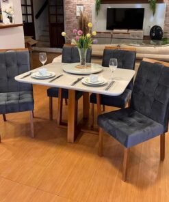 Mesa Pedro 120 Mel/Off White com 4 Cadeiras Sophia/Capri Mel/Veludo Grafite – ART ASSENTOS + WM DECOR