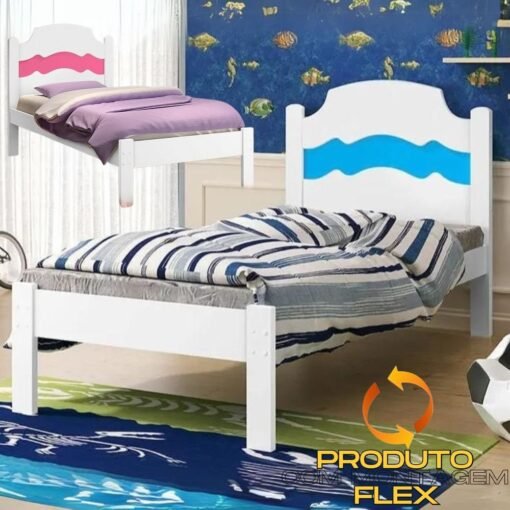 Cama Solteiro Íris Branco/Rosa/Azul - MADEC/VJ MÓVEIS