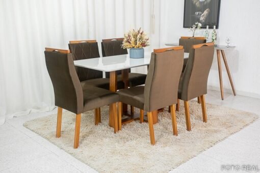 Mesa de Jantar Pedro Mel Vidro Off 160×80 6 Cadeiras Lisboa Veludo Marrom 509 Madeira Maciça Art Assento - Entregue Montada - Imagem 3