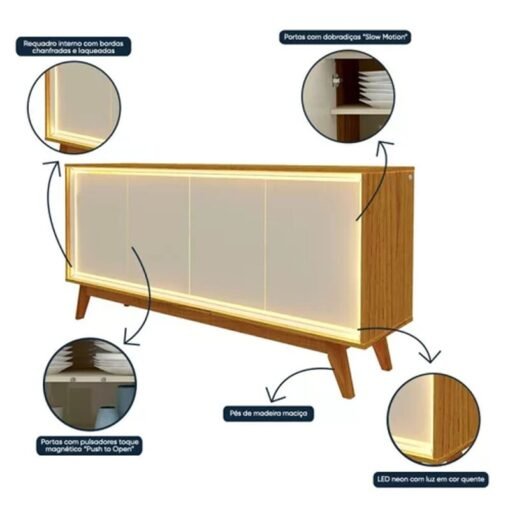 Buffet Requinte com LED larg. 1.60m Naturale/Off White Gelius - Imagem 3