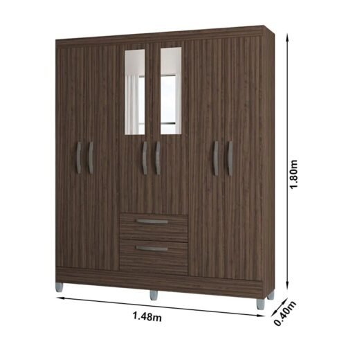 Guarda-Roupa Casal Multi 6 Portas 2 Gavetas c/Espelho e Pés Larg. 1.48m Chocolate Poquema - Imagem 4