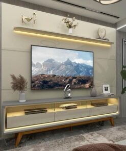 Painel até 85″ Royal 220 Off White + Rack Requinte 212 Cinza/Off White - GELIUS