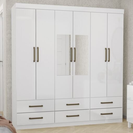 Guarda-Roupa 6 Portas(Com Espelho/Sem Pés)Dallas 1,53 m Branco – CARIOCA MÓVEIS