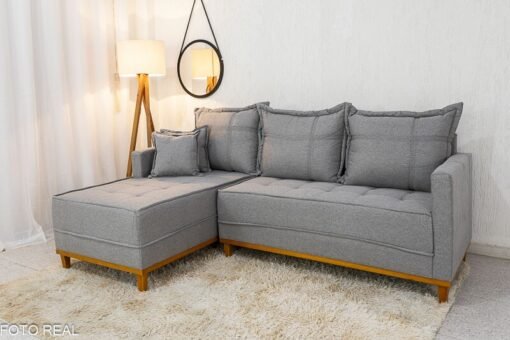 Sofá 3 Lug. Com Chaise Lado Direito Milão Larg. 2.30m Linho Cinza 1008 - Molas Ensacadas