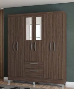 Guarda-Roupa Casal Multi 6 Portas 2 Gavetas c/Espelho e Pés Larg. 1.48m Chocolate Poquema