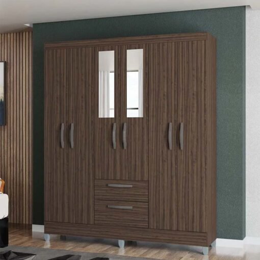 Guarda-Roupa Casal Multi 6 Portas 2 Gavetas c/Espelho e Pés Larg. 1.48m Chocolate Poquema