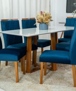 Mesa de Jantar Pedro Mel Vidro Off 160×80 6 Cadeiras Lisboa Veludo Azul 503 Madeira Maciça Art Assento - Entregue Montada